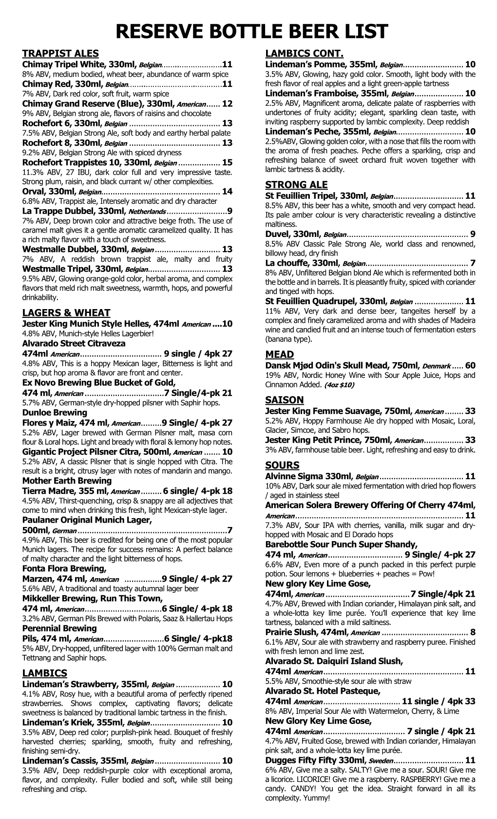 Reserve Bottle Beer List