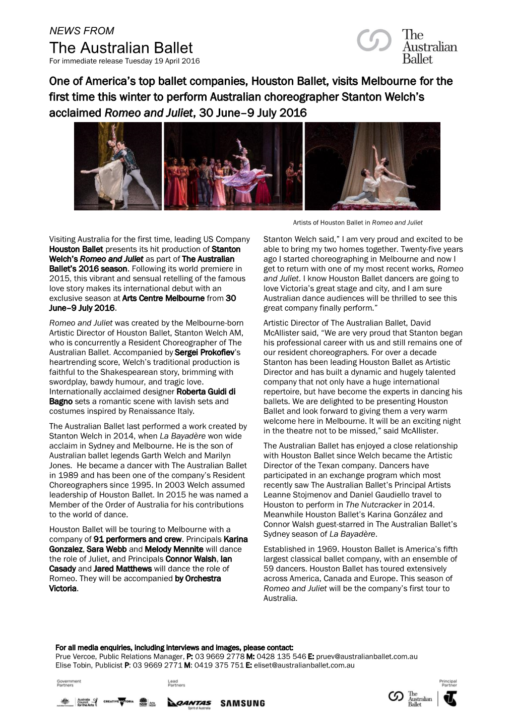 The Australian Ballet for Immediate Release Tuesday 19 April 2016