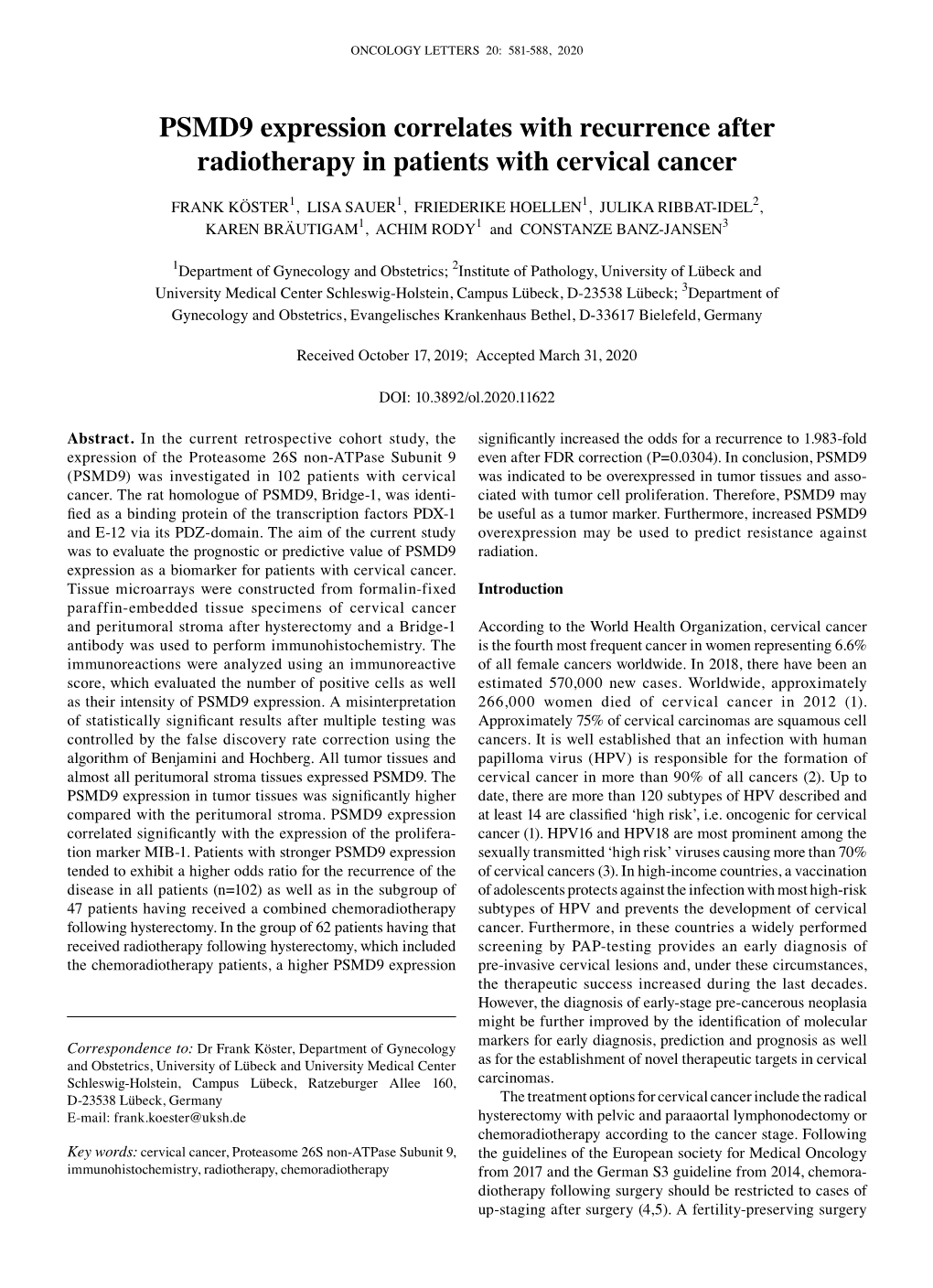 PSMD9 Expression Correlates with Recurrence After Radiotherapy in Patients with Cervical Cancer