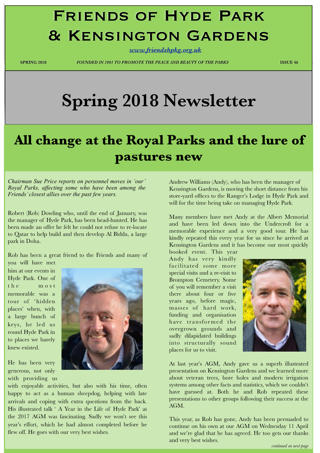 Spring 2018 Founded in 1991 to Promote the Peace and Beauty of the Parks Issue 46
