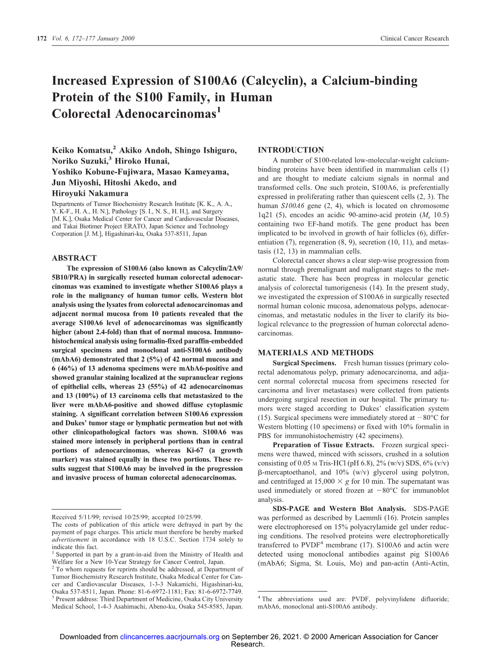 A Calcium-Binding Protein of the S100 Family, in Human Colorectal Adenocarcinomas1