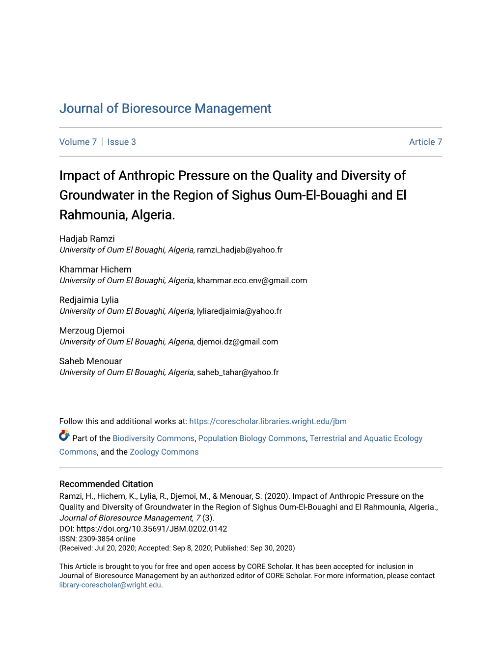 Impact of Anthropic Pressure on the Quality and Diversity of Groundwater in the Region of Sighus Oum-El-Bouaghi and El Rahmounia, Algeria