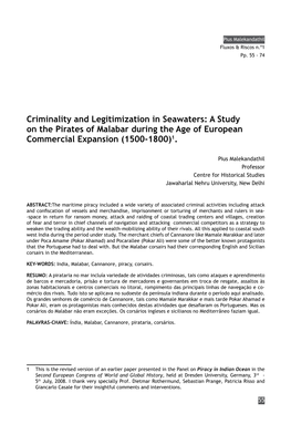 Criminality and Legitimization in Seawaters: a Study on the Pirates of Malabar During the Age of European Commercial Expansion (1500-1800)1