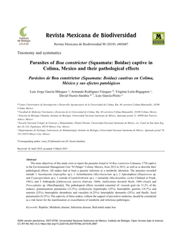 Parasites of Boa Constrictor (Squamata: Boidae) Captive in Colima, Mexico and Their Pathological Effects