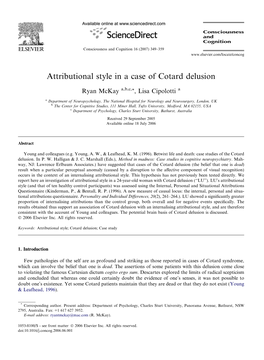 Attributional Style in a Case of Cotard Delusion