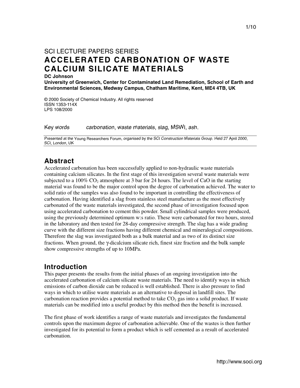 Accelerated Carbonation of Waste Calcium Silicate