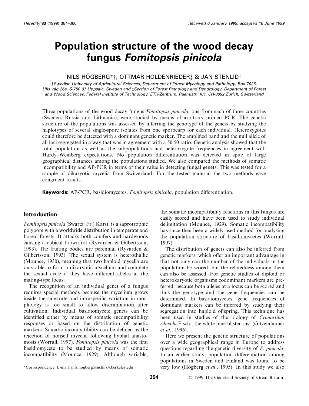 Population Structure of the Wood Decay Fungus Fomitopsis Pinicola