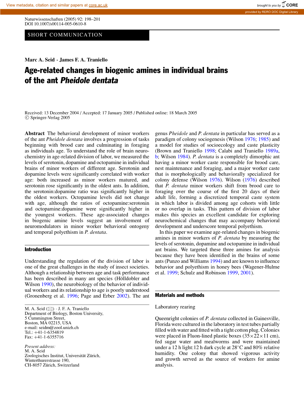 Age-Related Changes in Biogenic Amines in Individual Brains of the Ant Pheidole Dentata