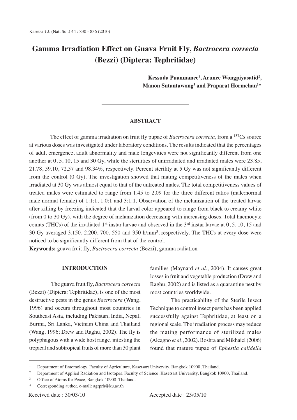 Gamma Irradiation Effect on Guava Fruit Fly, Bactrocera Correcta (Bezzi) (Diptera: Tephritidae)