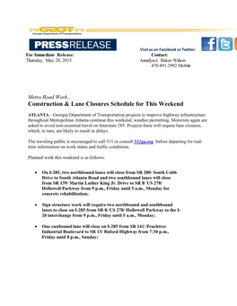 Construction & Lane Closures Schedule for This Weekend