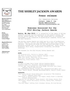 THE SHIRLEY JACKSON AWARDS Press Release