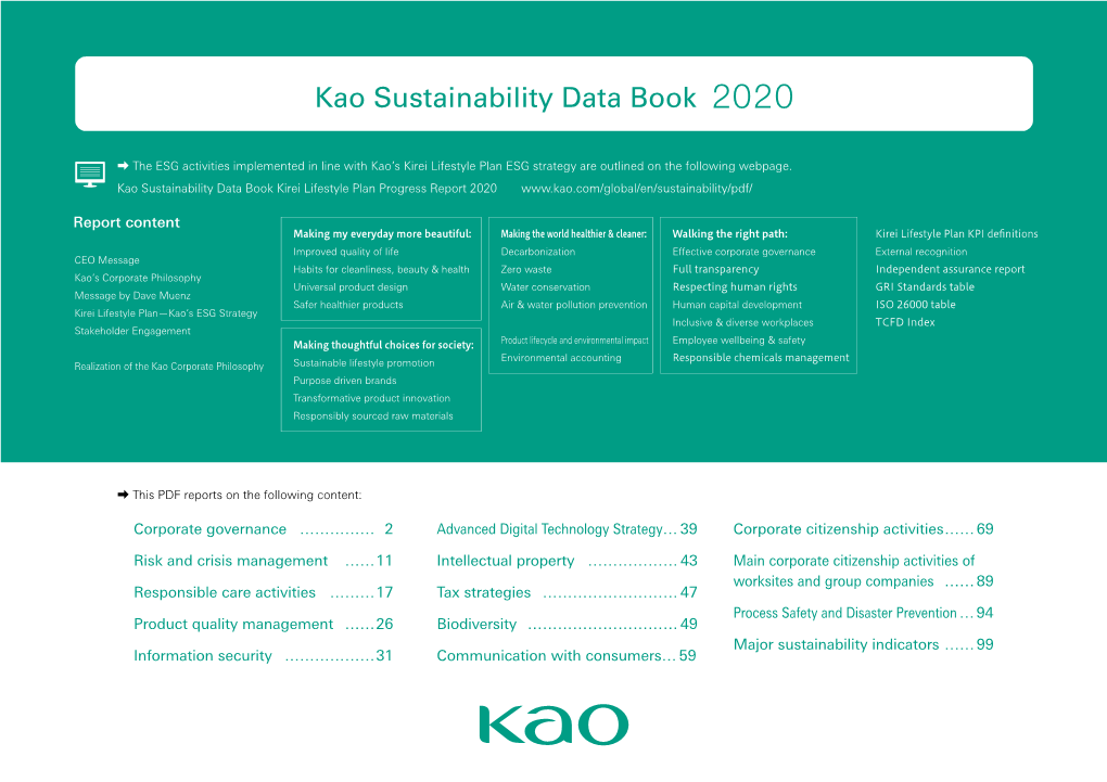 Kao Sustainability Data Book 2020 102-22, 102-23, 102-26 Corporate Governance 2019 Our Initiatives