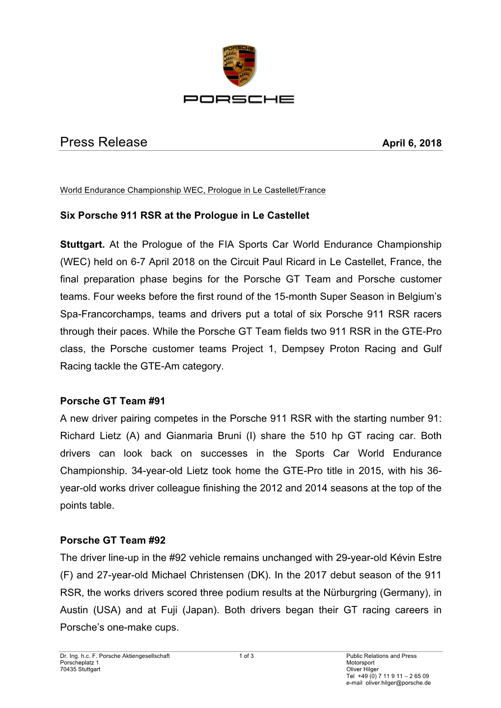 Press Release April 6, 2018
