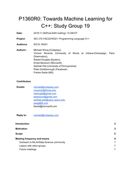 P1360R0: Towards Machine Learning for C++: Study Group 19