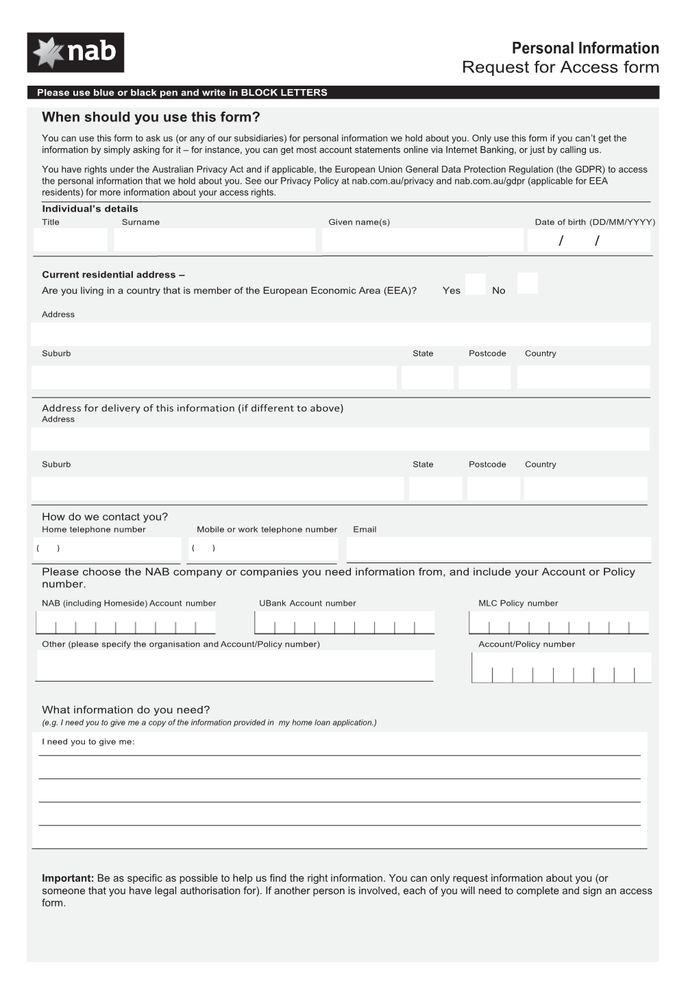 Personal Information Request for Access Form