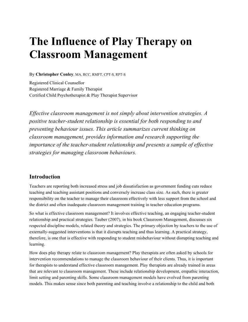 The Influence of Play Therapy on Classroom Management