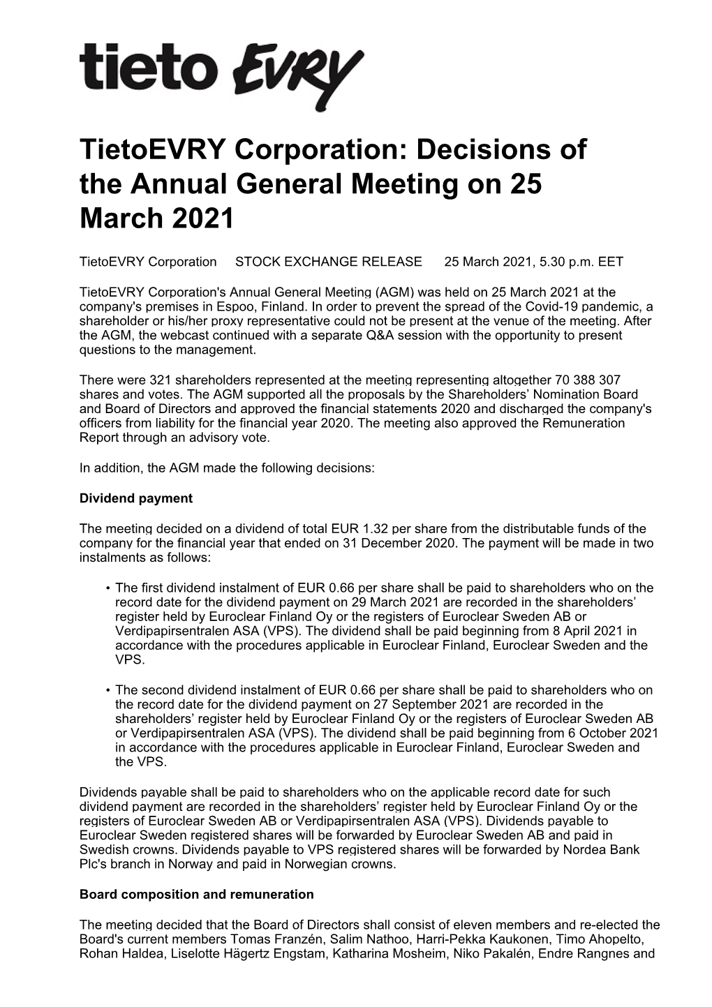 Tietoevry Corporation: Decisions of the Annual General Meeting on 25 March 2021