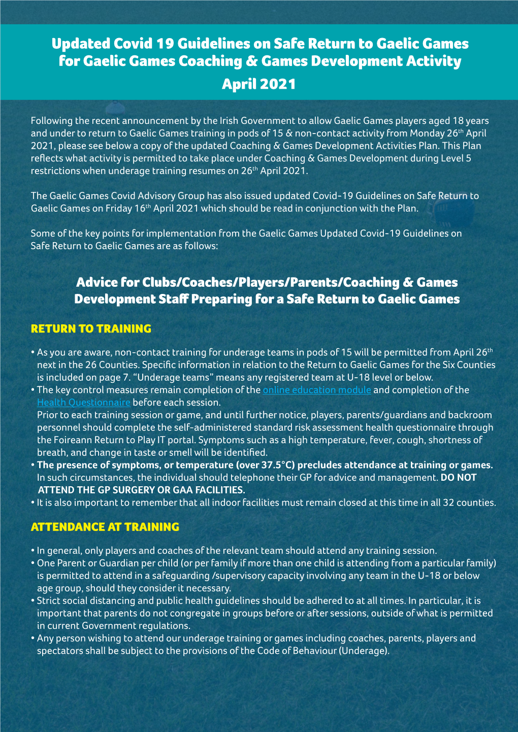 Updated Covid 19 Guidelines on Safe Return to Gaelic Games for Gaelic Games Coaching & Games Development Activity April 2021