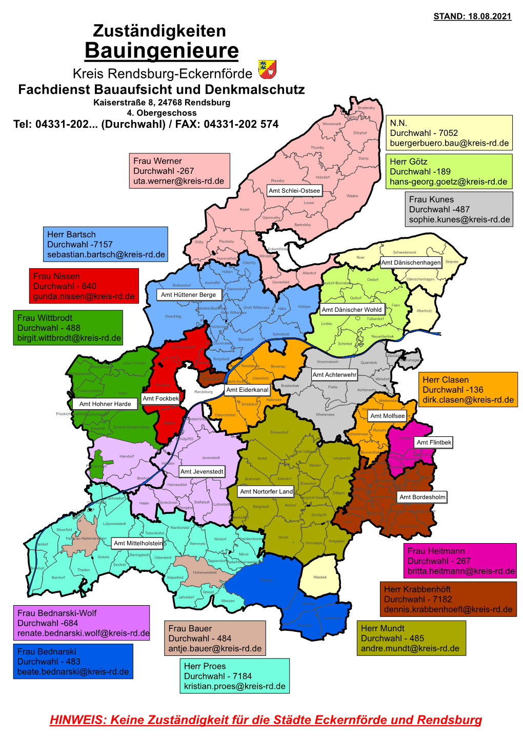 STAND: 18.08.2021 Zuständigkeiten Bauingenieure Kreis Rendsburg-Eckernförde Fachdienst Bauaufsicht Und Denkmalschutz