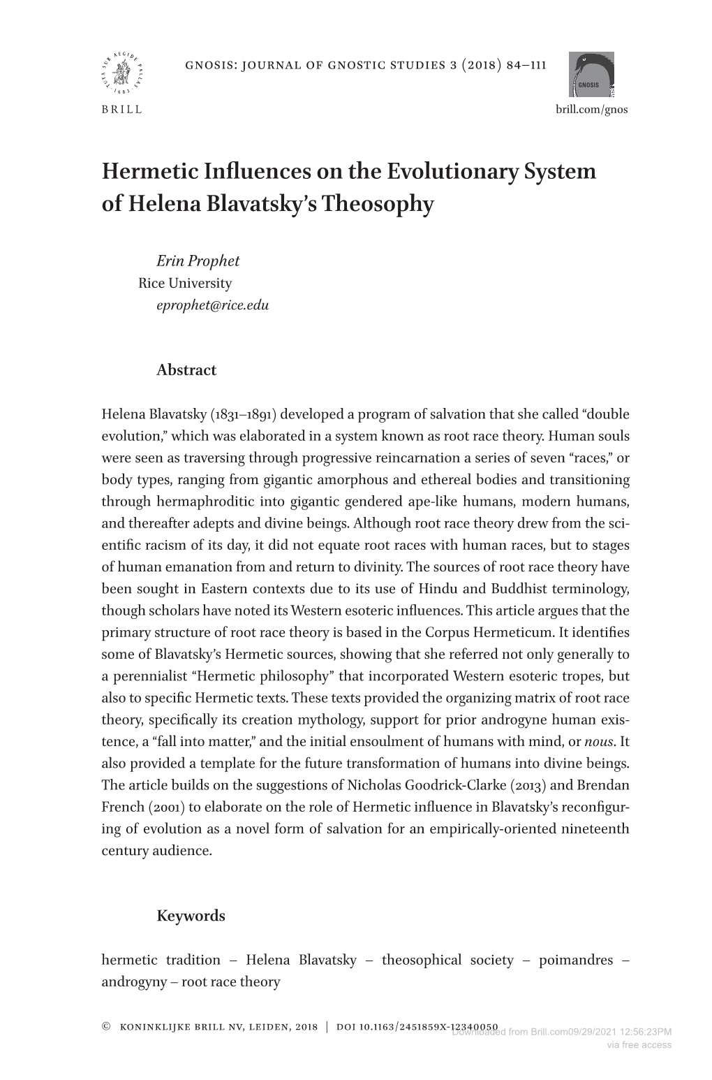 Hermetic Influences on the Evolutionary System of Helena Blavatsky's Theosophy