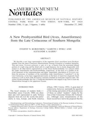 A New Presbyornithid Bird (Aves, Anseriformes) from the Late Cretaceous of Southern Mongolia