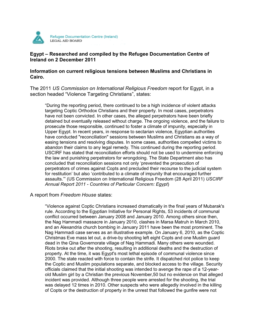 Egypt – Researched and Compiled by the Refugee Documentation Centre of Ireland on 2 December 2011