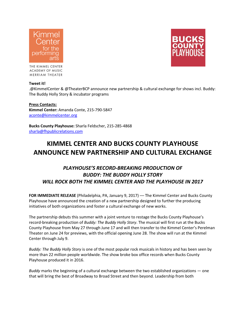 Kimmel Center and Bucks County Playhouse Announce New Partnership and Cultural Exchange