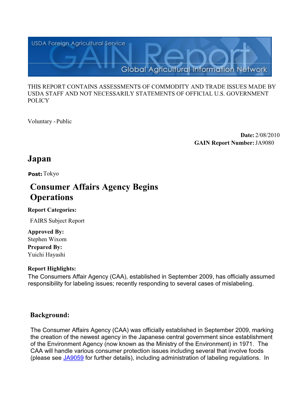Japan Consumer Affairs Agency Begins Operations