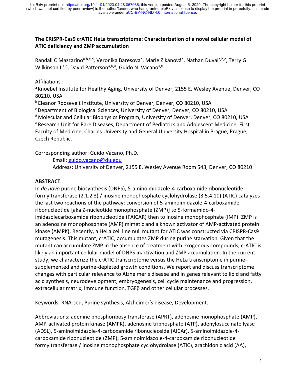 The CRISPR-Cas9 Cratic Hela Transcriptome: Characterization of a Novel Cellular Model of ATIC Deficiency and ZMP Accumulation