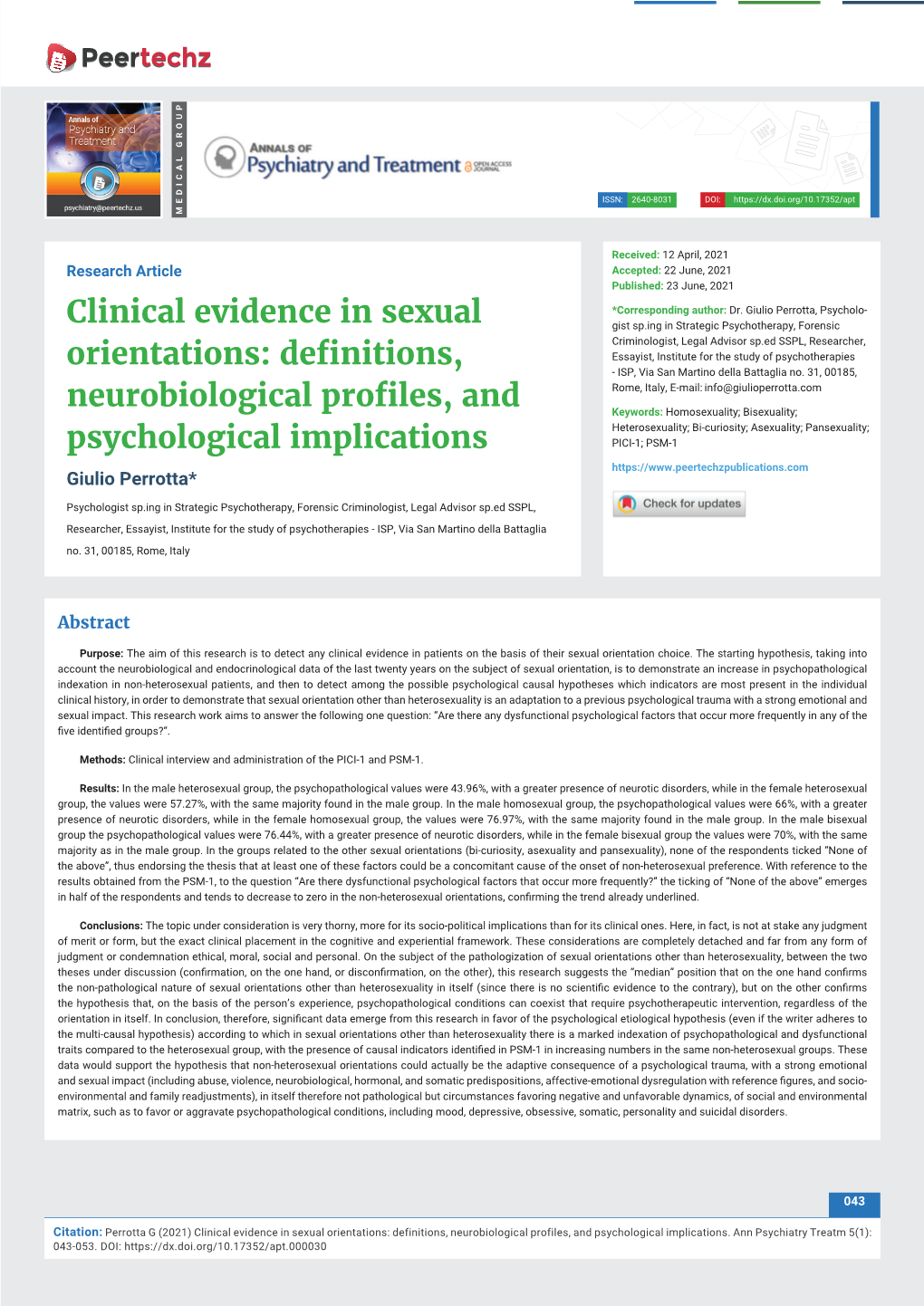 Clinical Evidence in Sexual Orientations: Definitions, Neurobiological Profiles, and Psychological Implications