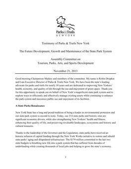 Testimony of Parks & Trails New York the Future Development, Growth