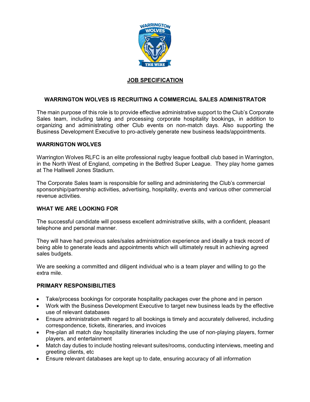 Warrington Wolves Is Recruiting a Commercial Sales Administrator