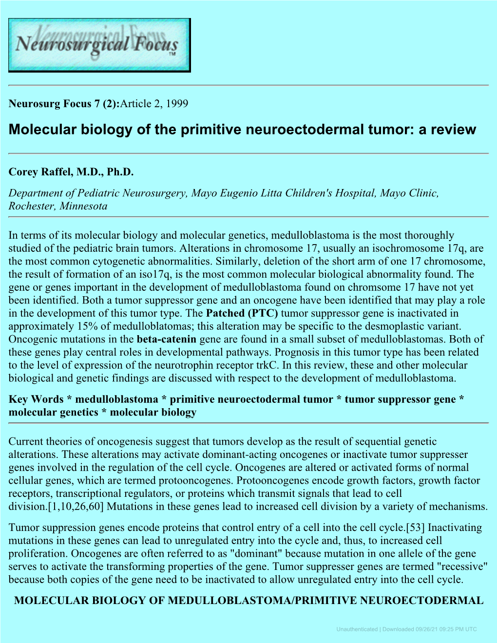 Molecular Biology of the Primitive Neuroectodermal Tumor: a Review