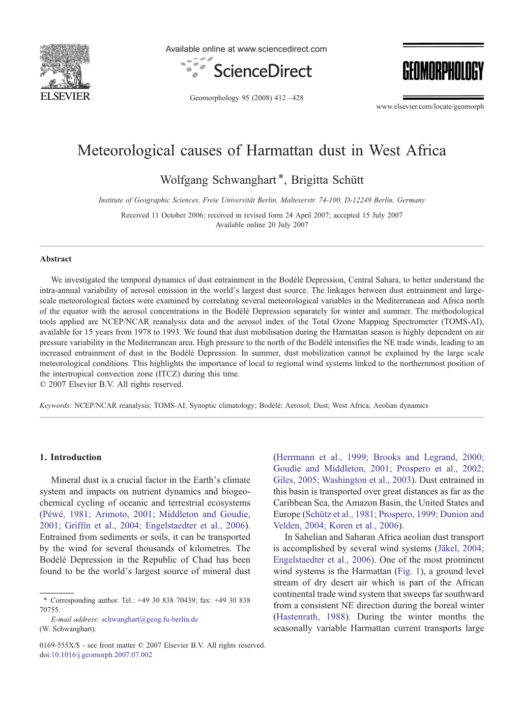 Meteorological Causes of Harmattan Dust in West Africa ⁎ Wolfgang Schwanghart , Brigitta Schütt
