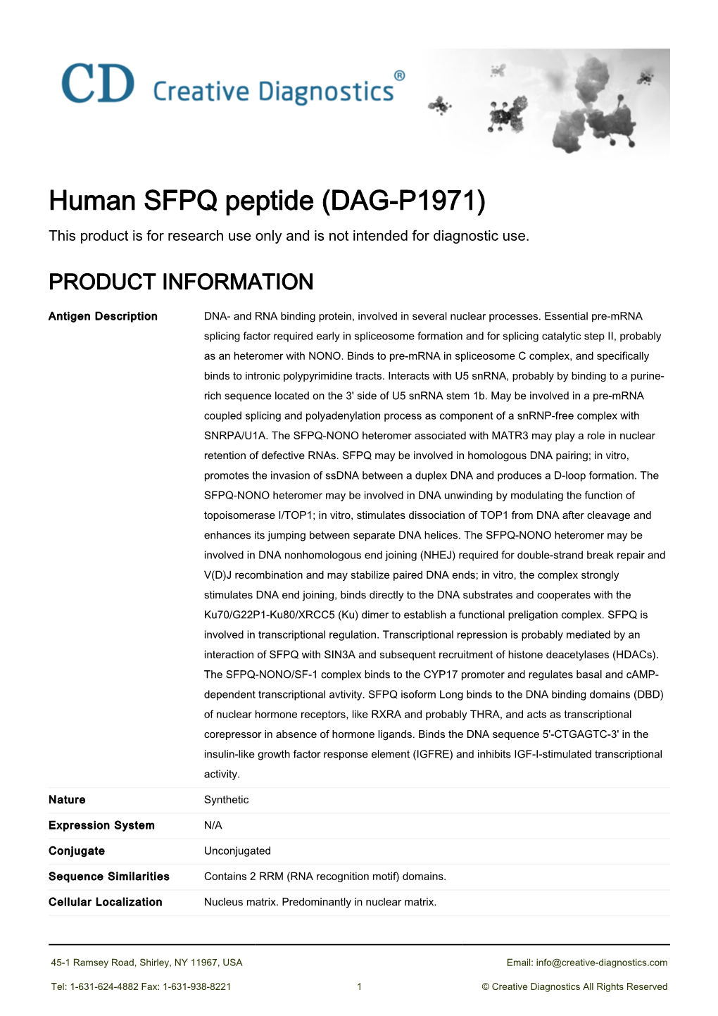 Human SFPQ Peptide (DAG-P1971) This Product Is for Research Use Only and Is Not Intended for Diagnostic Use