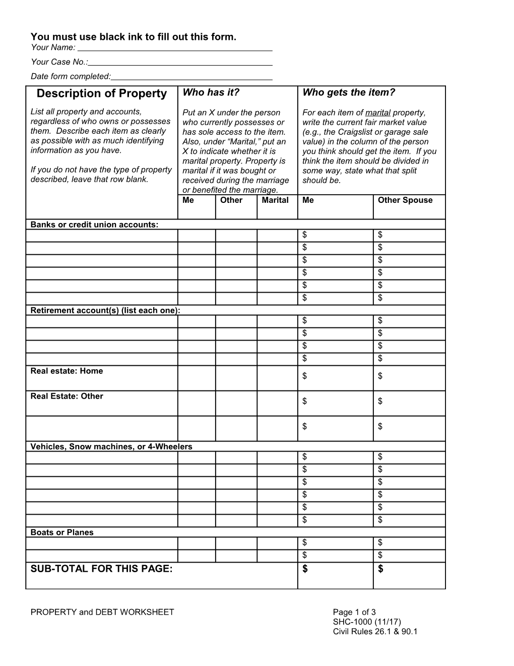 PROPERTY and DEBT WORKSHEET, SHC-1000