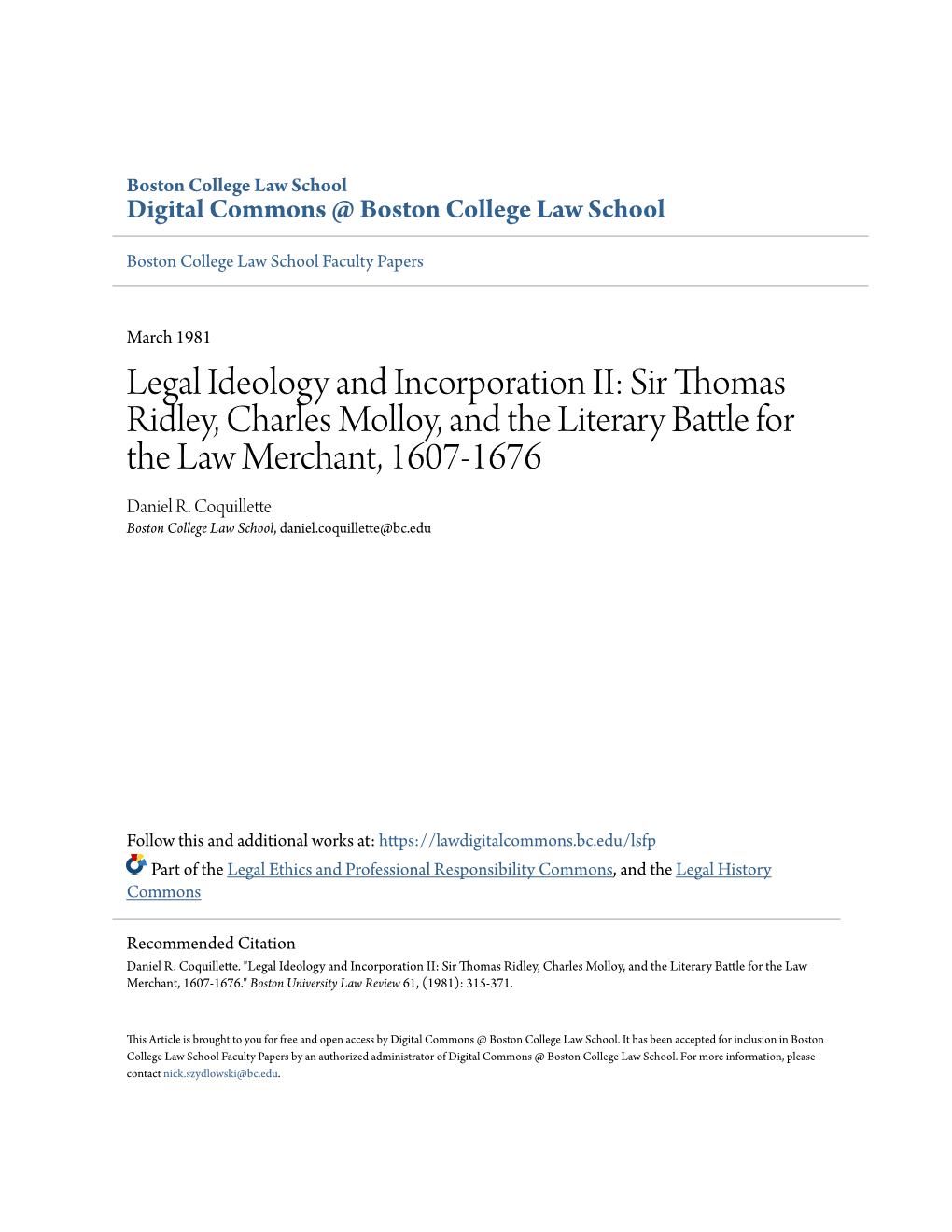 Sir Thomas Ridley, Charles Molloy, and the Literary Battle for the Law Merchant, 1607-1676 Daniel R