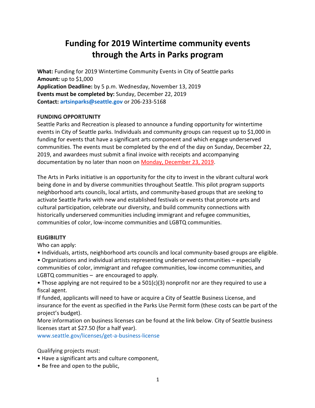 Funding for 2019 Wintertime Community Events Through the Arts in Parks Program