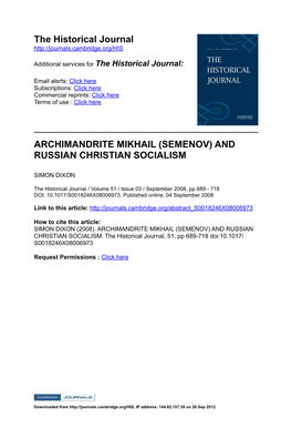 The Historical Journal ARCHIMANDRITE MIKHAIL (SEMENOV) and RUSSIAN CHRISTIAN SOCIALISM