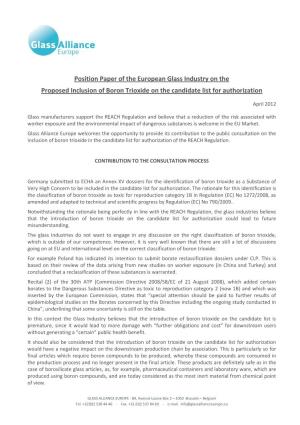 Position Paper of the European Glass Industry on the Proposed Inclusion of Boron Trioxide on the Candidate List for Authorization
