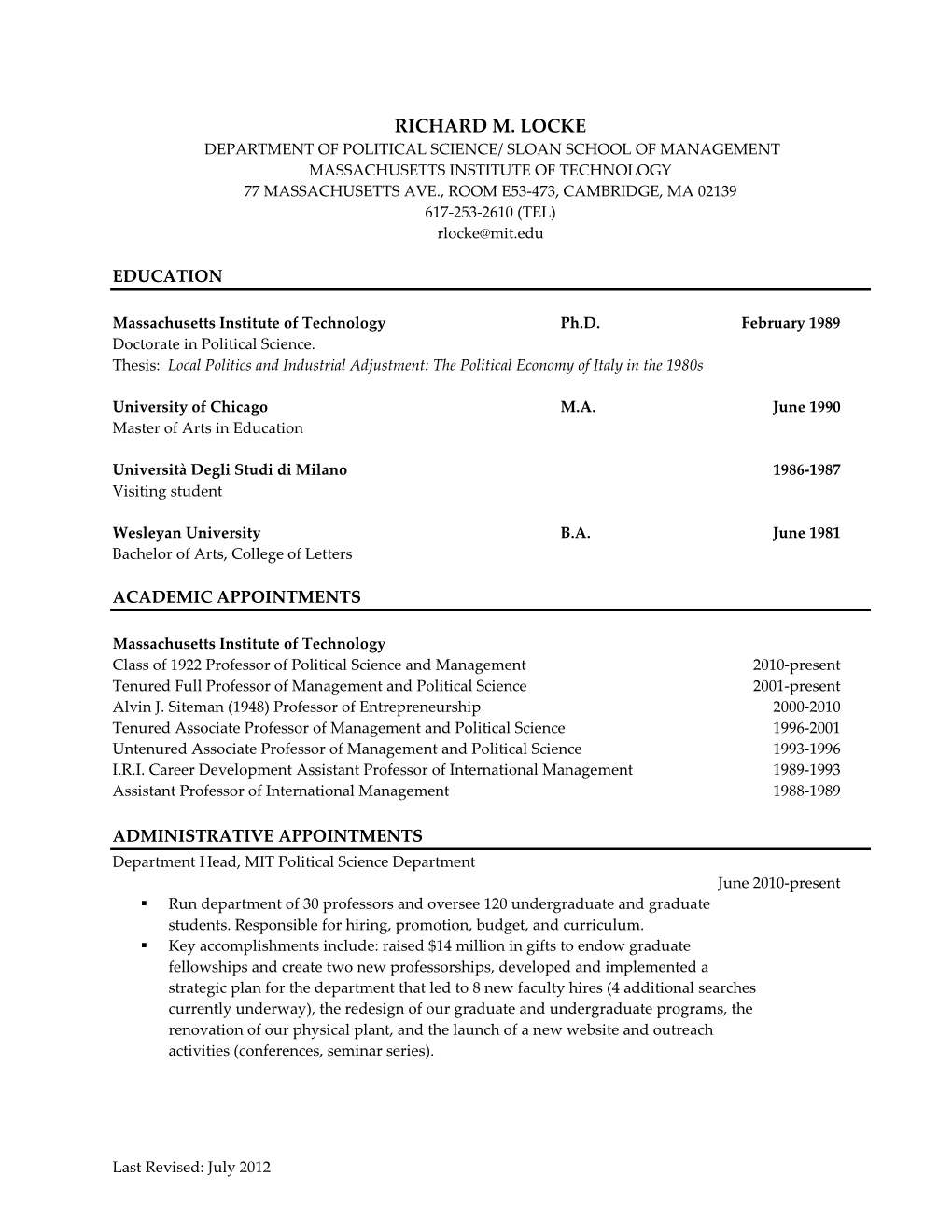 Richard M. Locke Academic CV