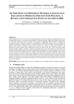 On the Effect of Different Material Constitutive Equations in Modeling Friction Stir Welding: a Review and Comparative Study on Aluminum 6061