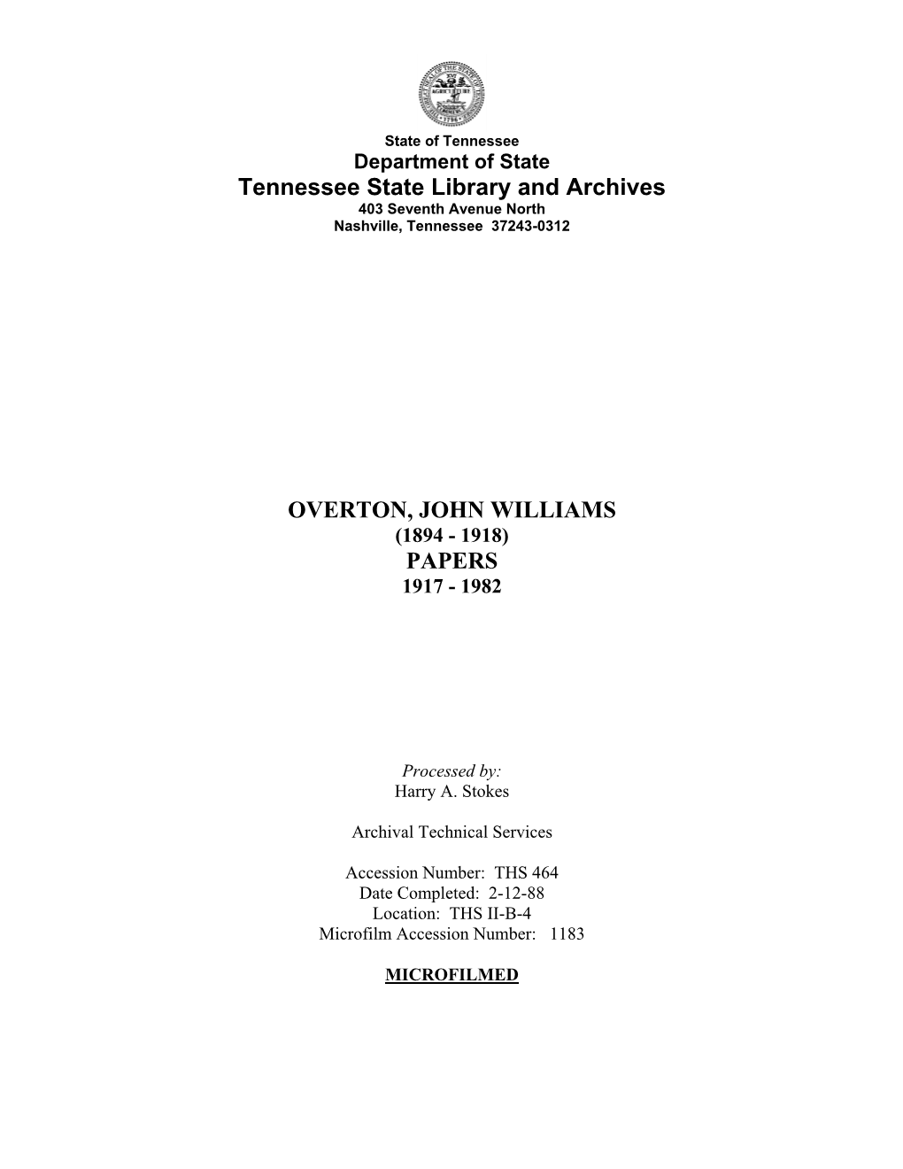 John Williams Overton Papers, 1917-1982