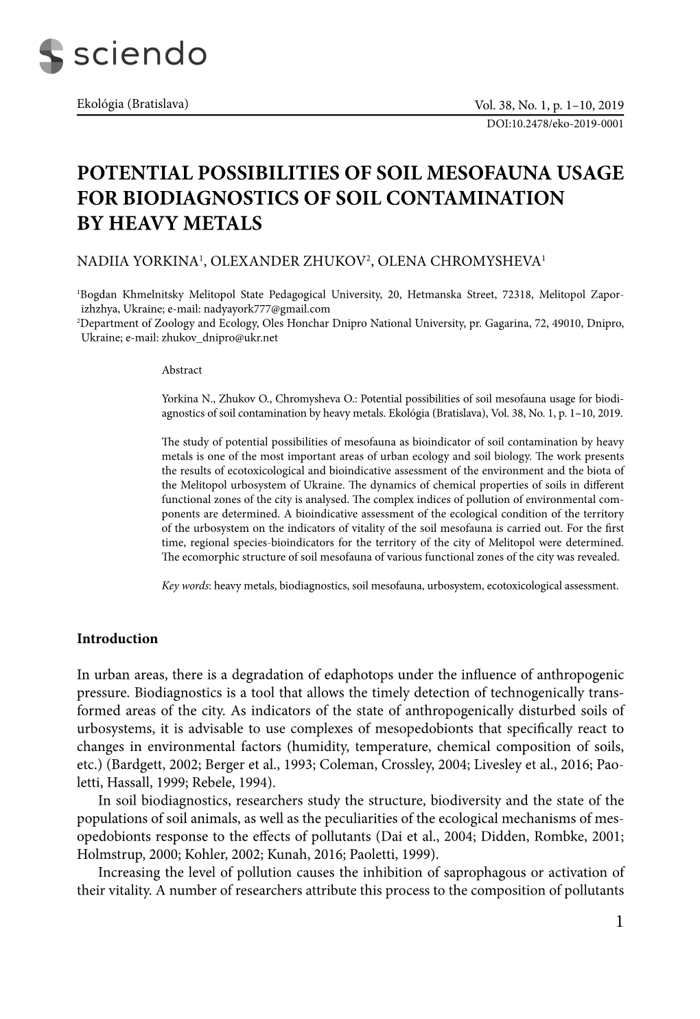 Potential Possibilities of Soil Mesofauna Usage for Biodiagnostics of Soil Contamination by Heavy Metals