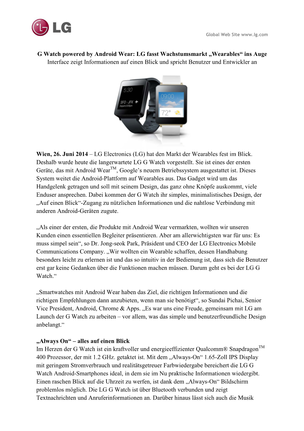 G Watch Powered by Android Wear: LG Fasst Wachstumsmarkt „Wearables“ Ins Auge Interface Zeigt Informationen Auf Einen Blick Und Spricht Benutzer Und Entwickler An