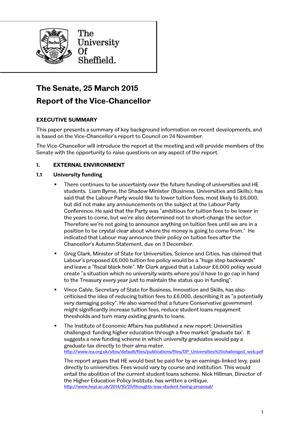 The Senate, 25 March 2015 Report of the Vice-Chancellor