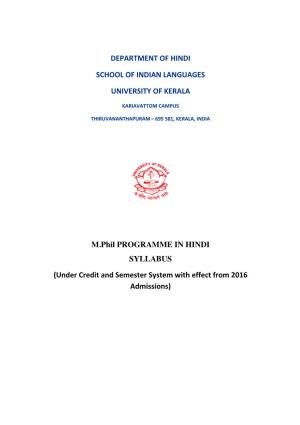 Department of Hindi School of Indian Languages University of Kerala