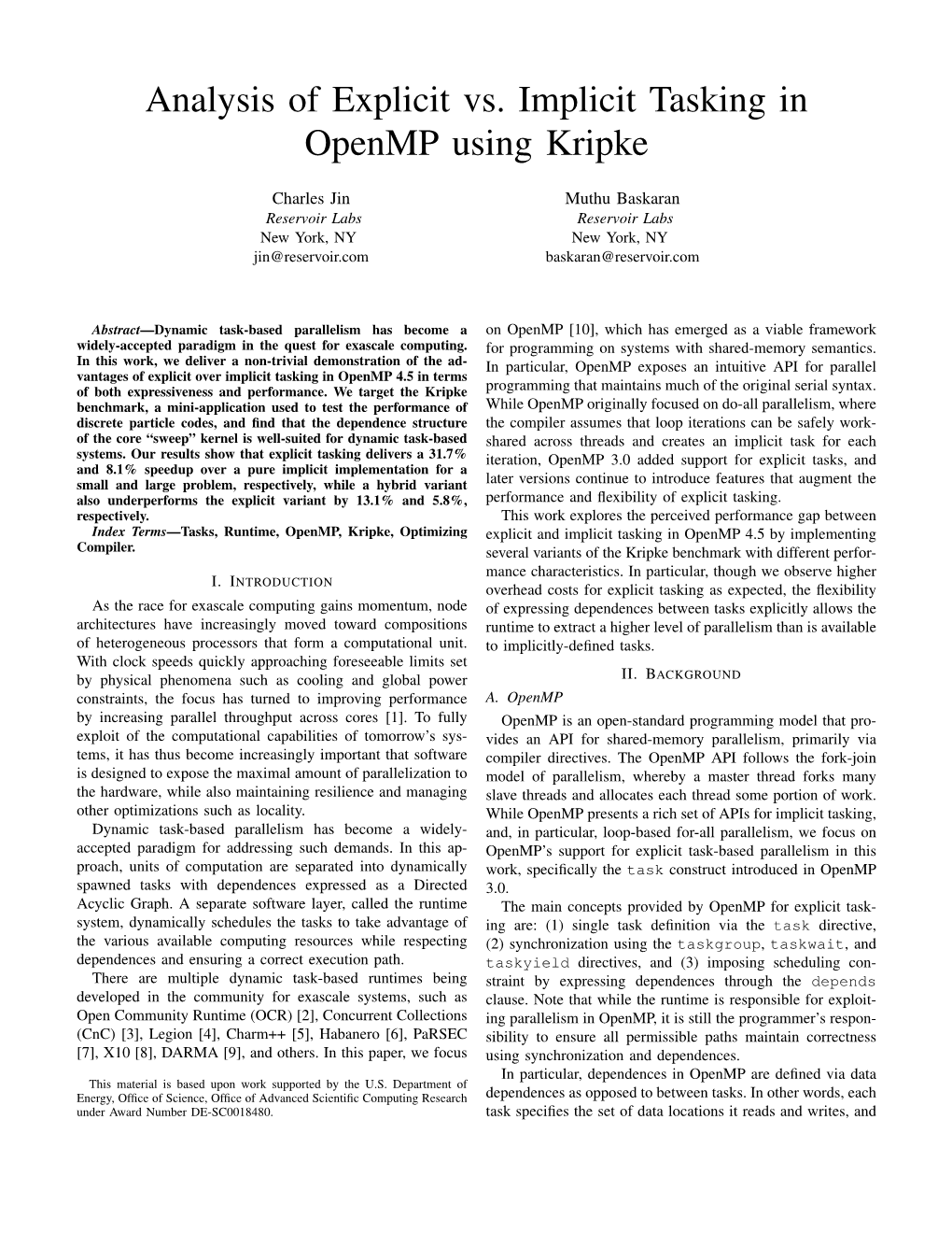 Analysis of Explicit Vs. Implicit Tasking in Openmp Using Kripke