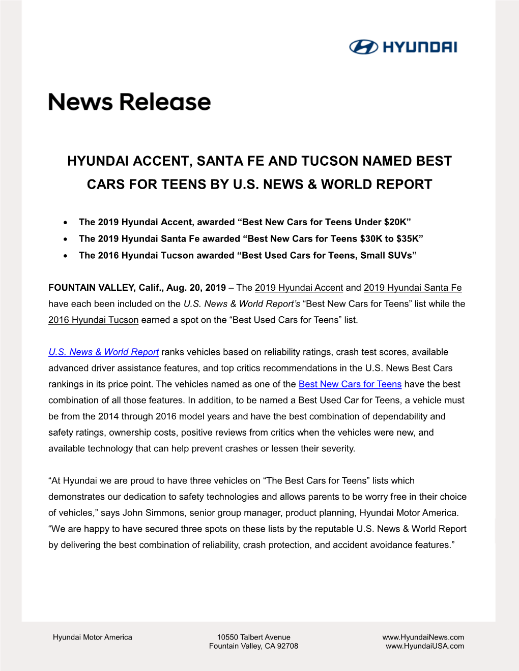 Hyundai Accent, Santa Fe and Tucson Named Best Cars for Teens by Us