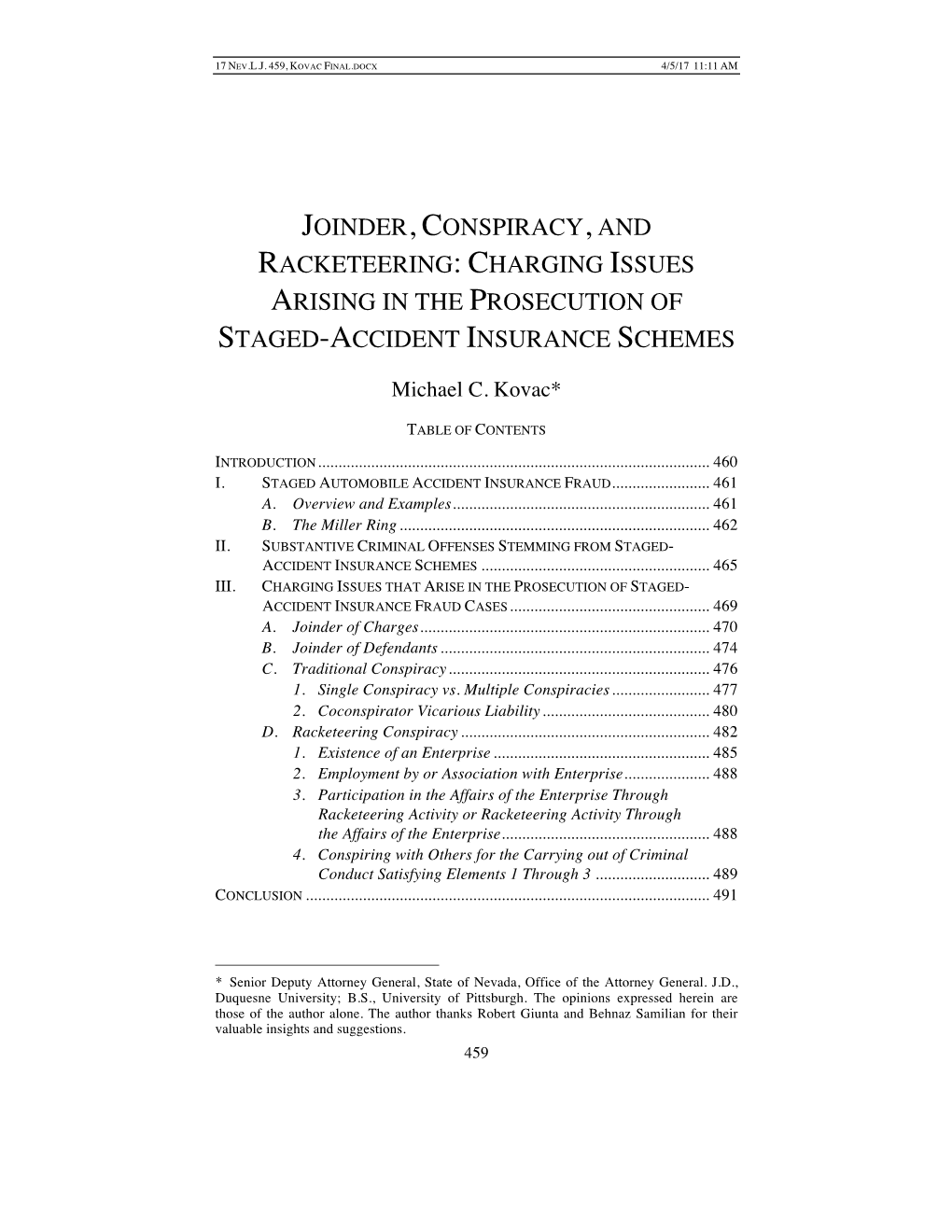 Joinder, Conspiracy, and Racketeering: Charging Issues Arising in the Prosecution of Staged-Accident Insurance Schemes